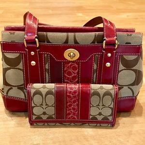 Coach Burgundy Red & Brown Medium Handbag & Wallet